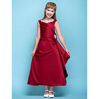 LAN TING BRIDE Tea-length Satin Junior Bridesmaid Dress A-line V-neck Natural with Flower(s) Criss Cross