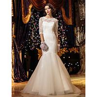 LAN TING BRIDE Trumpet / Mermaid Wedding Dress See-Through Sweep / Brush Train Scoop Lace with Button