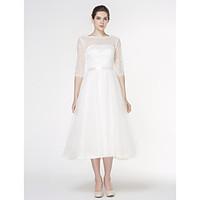 LAN TING BRIDE A-line Wedding Dress See-Through Tea-length Bateau Lace Tulle with Lace