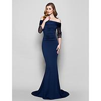 LAN TING BRIDE Trumpet / Mermaid Plus Size Petite Mother of the Bride Dress - Sexy Sweep / Brush Train 3/4 Length Sleeve Tulle Jersey with