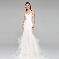 LAN TING BRIDE Fit Flare Wedding Dress - Chic Modern See-Through Chapel Train Spaghetti Straps Lace Tulle withAppliques Beading