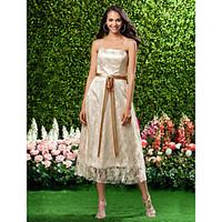 lan ting bride tea length strapless bridesmaid dress open back sleevel ...