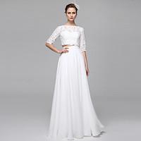 LAN TING BRIDE A-line Wedding Dress Two-Piece Floor-length Bateau Chiffon Lace with Appliques Draped