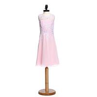 LAN TING BRIDE Knee-length Chiffon Lace Junior Bridesmaid Dress Sheath / Column Jewel Natural with Beading Appliques