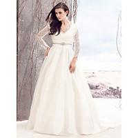 LAN TING BRIDE A-line Wedding Dress See-Through Court Train V-neck Lace Taffeta with Button Crystal Lace