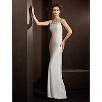 LAN TING BRIDE Sheath / Column Wedding Dress See-Through Floor-length Jewel Stretch Satin with Beading Lace