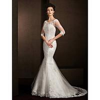 LAN TING BRIDE Trumpet / Mermaid Wedding Dress See-Through Court Train Scoop Lace with Appliques