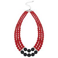 Ladies accessory colour block beaded silver clasp multi layer necklace - Red