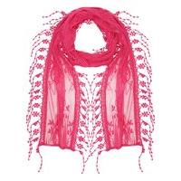 Ladies delicate lace embroidered pretty flower tassel trim thin lightweight casual scarf - Cerise Pink
