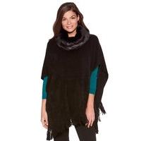 Ladies luxe soft faux fur knitted fringed hem cosy poncho cover up - Black