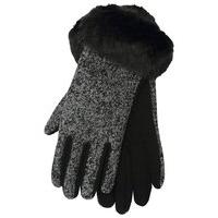 ladies cosy tweed style fabric black faux fur cuff winter gloves black