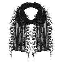 Ladies delicate lace embroidered pretty flower tassel trim thin lightweight casual scarf - Black