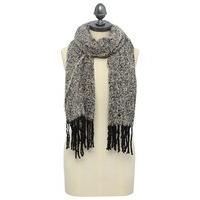 Ladies Black and White Fluffy Cosy Boucle Knit Fringed Scarf - Black and White