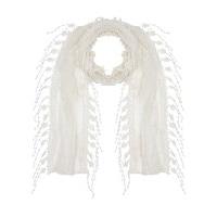 Ladies delicate lace embroidered pretty flower tassel trim thin lightweight casual scarf - Ivory