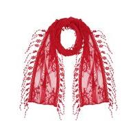 Ladies delicate lace embroidered pretty flower tassel trim thin lightweight casual scarf - Red