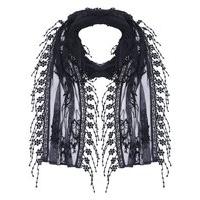 Ladies delicate lace embroidered pretty flower tassel trim thin lightweight casual scarf - Navy