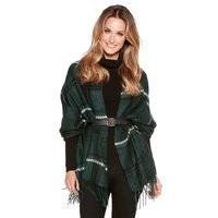 Ladies Oversized Check Pattern Fringed Blanket Style Wrap Scarf One Size G - Green