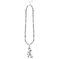 Ladies silver grey long length pearl diamante bead tassel necklace - Grey