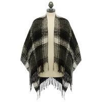 Ladies boucle yarn knitted check pattern wrap poncho knitted shawl with fringes - Black and White