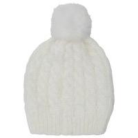 Ladies Cosy Cable Knit Fluffy Pom Pom Winter Hat  - Ivory