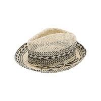 Ladies Woven Black and White Woven Pattern Trilby Sun Hat - White