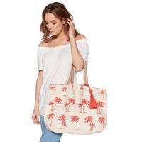 Ladies Palm Tree Print Canvas Shopper Beach Holiday Bag with Tassel - Pink