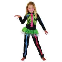 large girls skeleton costume with multi coloured bones