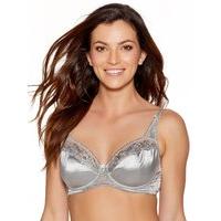 Ladies Underwired non padded full cup balconette floral rose embroidered satin bra - Silver