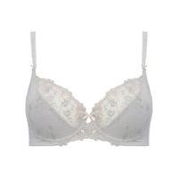 Ladies satin bow sheer floral embroidered soft cup full support underwired bra - Silver