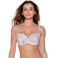 Ladies Underwired push up padded floral lace trim heart print balcony bra - Lavender