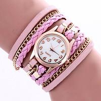 Lady\'s Bohemian Style Rivet Leather Band White Case Analog Quartz Layered Bracelet Fashion Watch