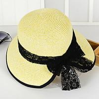 lace bow straw hat summer folding beach outdoor tourism wide brim hawa ...