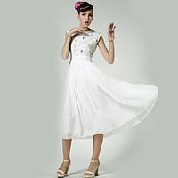 Ladies dress embroidered gauze skirt commuter round neck chiffon dress in women#39;s Specials