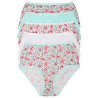 Ladies 100% cotton plain and poppy floral print comfort high leg briefs - 5 pack - Blue