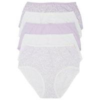 Ladies 100% Cotton Plain and Leaf Print Bow Detail Full Briefs - 5 Pack - Lavender