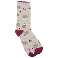 Ladies Cotton Rich Hedgehog and Flower Print Everyday Ankle Socks - One pair - Oatmeal