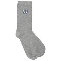 Ladies Plain Grey Cotton Rich Embroidered Butterfly everyday Ankle Socks - One pair - Grey Marl