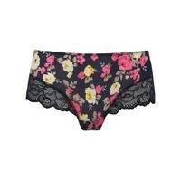 Ladies full coverage low rise Floral print lace trim microfibre brazilian briefs - Navy