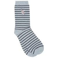 Ladies Embroidered Cat Striped Cotton Rich Casual Ankle Socks - Blue