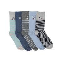 Ladies Stripe And Dog Embroidered Cotton Rich Socks Five Pack - Blue Marl