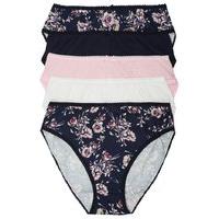Ladies Everyday Cotton Mixed Plain And Floral Print High Leg Briefs 5 Pack - Navy