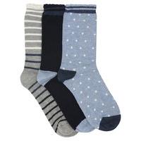 Ladies Blue and Grey Cotton Rich Spot and Stripe Pattern Ankle Socks 3 Pack - Blue