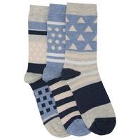 Ladies Cotton Rich Blue And Grey Coloured Geometric Stripe Pattern Everyday Ankle Socks - 3 Pack - Pastel