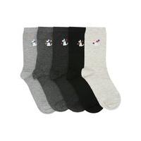 Ladies Soft Cotton Rich Black and Grey Scotty Dog Embroidered Ankle Socks 5 Pack - Multicolour