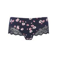 Ladies stretch cotton low rise full rear coverage Daisy floral print lace trim brazilian briefs - Navy