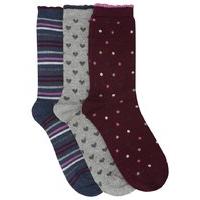Ladies Soft Cotton Rich Heart Spot and Stripe Print Ankle Socks 3 Pack - Multicolour