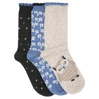 Ladies Cotton Rich Pack of 3 Owl Spots and Flower Pattern Ankle Socks with Scalloped Hem - Multicolour