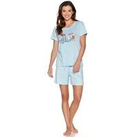 Ladies short sleeve cotton baby blue beach and polka dot print pyjama shorts set - Blue