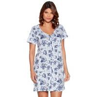 Ladies 100% Cotton Short Sleeve Button Up Floral Print Nightdress - Blue