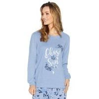 Ladies long sleeve super soft butterfly print chase the sun slogan loungewear sweater pyjama top - Chambray